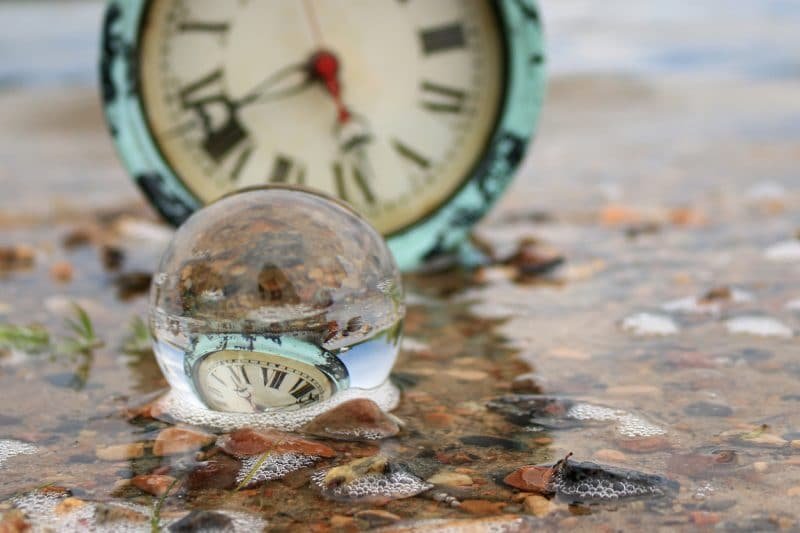Transparent glass ball reflecting an antique alarm clock on a wet sandy beach