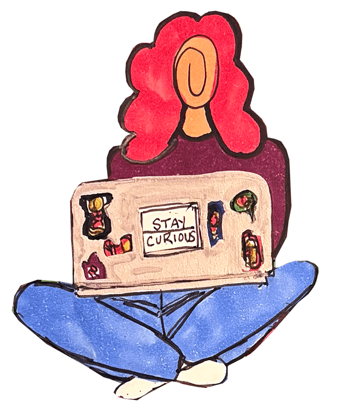 Sara on computer - drawing by sara smeaton