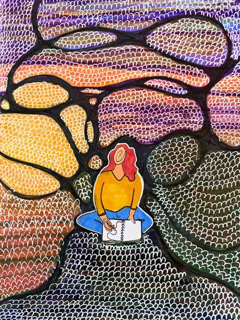 Sitting with journal - drawing by Sara Smeaton web