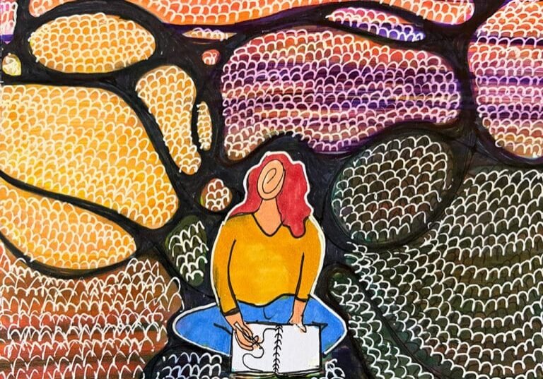 Sitting with journal - drawing by Sara Smeaton web